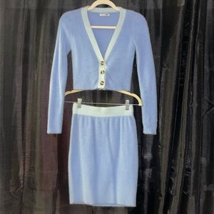 2 Piece Sweater Skirt Set Blue with Tortoise Buttons